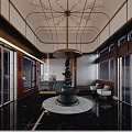 Elegant Chinese Hotel Lobby Interior With Central Sculpture Marble Floor And Wooden Accents