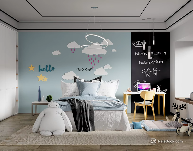 Kids Room with Blue Walls Cloud Rain Star Hello Bed Baymax Plush Desk Chair Blackboard 3d model 