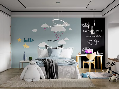 Kids Room with Blue Walls Cloud Rain Star Hello Bed Baymax Plush Desk Chair Blackboard 3d model
