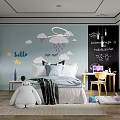 Kids Room with Blue Walls Cloud Rain Star Hello Bed Baymax Plush Desk Chair Blackboard