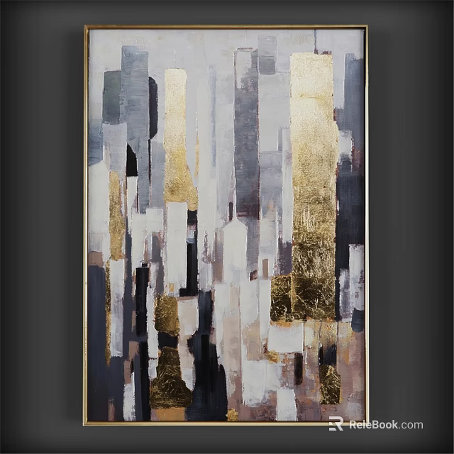 Modern Framed Abstract Art With Gold Gray Black White Tones For Home Wall Decor 3d model 