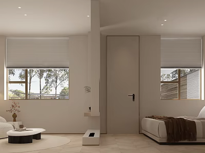 Modern Minimalist Hotel Room Interior With Bed Sofa And Natural Light Through Windows 3d model