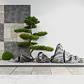 Courtyard Garden with Pine Tree Rock Formation Stone Slabs and Patterned Wall with Small Shrub 3d model