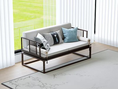 Two Seater Sofa Living Room Interior With White Curtains Green Lawn View Decorative Pillows 3d model