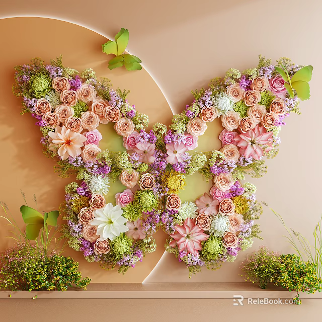 Floral Butterfly Art Installation Featuring Pink White Purple Flowers on Beige Wall with Green Leaves 3d model 