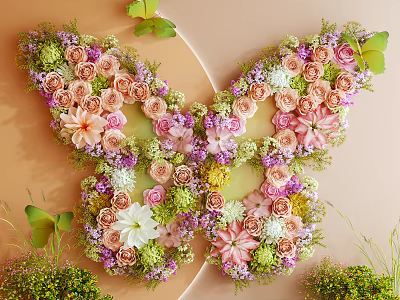 Floral Butterfly Art Installation Featuring Pink White Purple Flowers on Beige Wall with Green Leaves 3d model