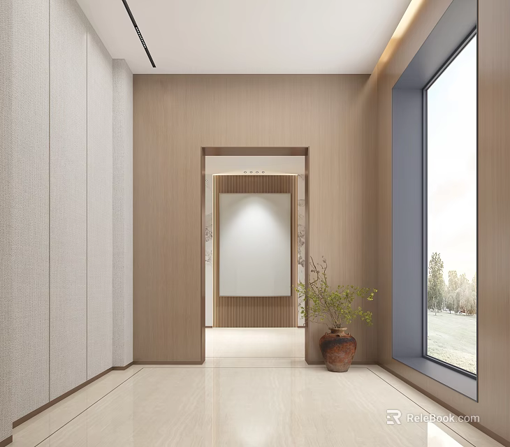 Minimalist Elevator Hallway Interior Design With Wooden Walls Mirror And Potted Plant 3d model 