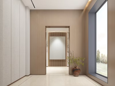 Minimalist Elevator Hallway Interior Design With Wooden Walls Mirror And Potted Plant 3d model