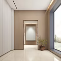 Minimalist Elevator Hallway Interior Design With Wooden Walls Mirror And Potted Plant