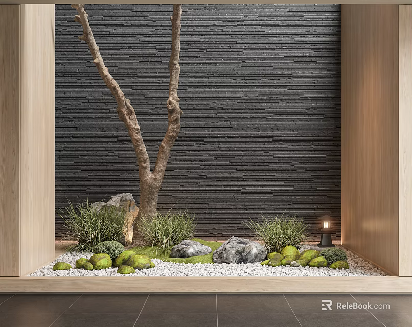 Tranquil Indoor Landscape With Tree Trunk Dark Textured Wall White Pebbles And Green Foliage 3d model 