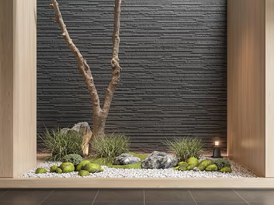 Tranquil Indoor Landscape With Tree Trunk Dark Textured Wall White Pebbles And Green Foliage 3d model