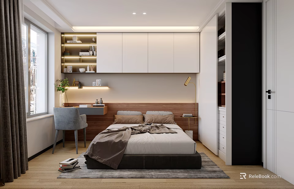 Modern Bedroom Interior With Comfortable Bed White Wardrobe Desk Chair And Wooden Floor 3d model 