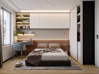 Modern Bedroom Interior With Comfortable Bed White Wardrobe Desk Chair And Wooden Floor 3d model