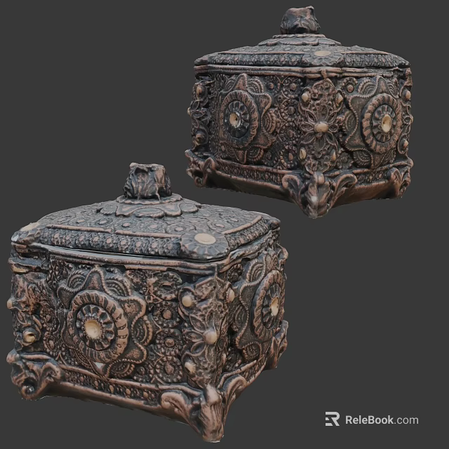 Ornate Antique Decorative Boxes With Intricate Carved Patterns And Gemstone Accents 3d model 