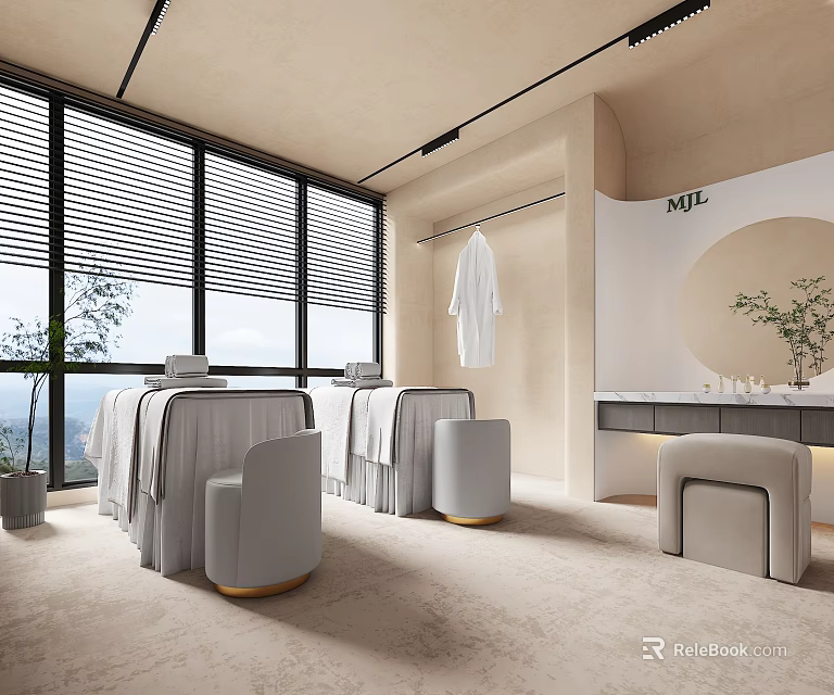 Modern SPA Sauna Interior With Relaxing Massage Beds Towels And Natural Light 3d model 
