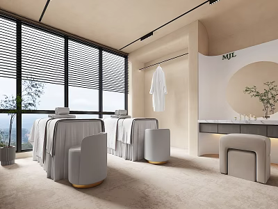 Modern SPA Sauna Interior With Relaxing Massage Beds Towels And Natural Light 3d model