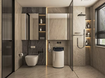 Modern Bathroom Interior Design With Marble Walls Mirrors Shower Area Toilet And Vanity 3d model