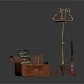 Open Vintage Leather Trunk With Coiled Snake Candelabra And Red Pipe