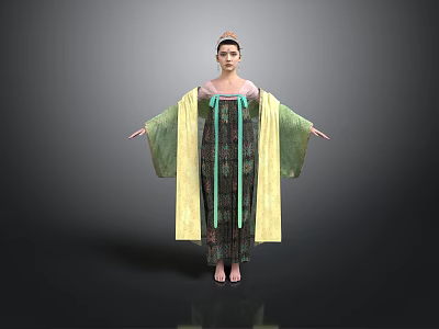 Woman Wearing Dark Long Dress with Green and Yellow Sleeves and Headpiece 3d model