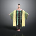 Woman Wearing Dark Long Dress with Green and Yellow Sleeves and Headpiece