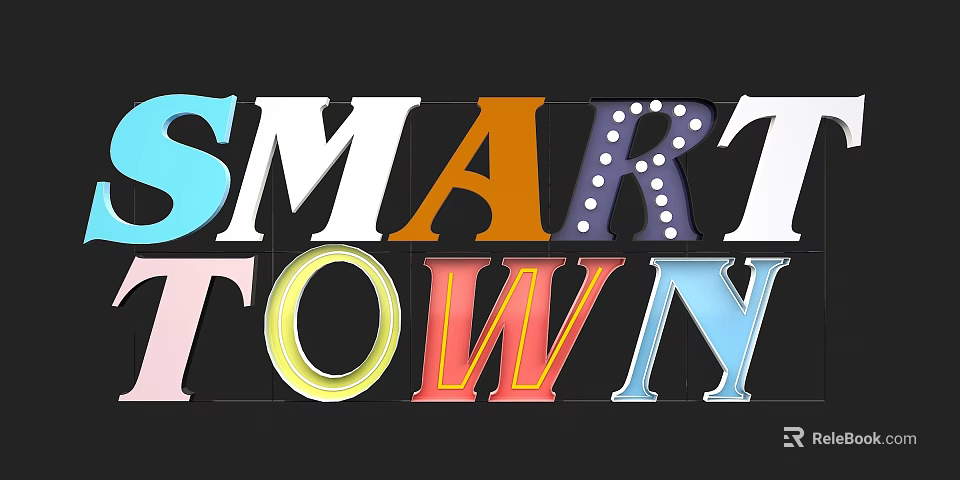 Colorful Smart Town Text Design With Various Decorative Letters And Patterns 3d model