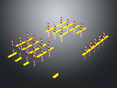 Red And White Striped Traffic Barriers With Yellow Bases Arranged In Different Shapes 3d model