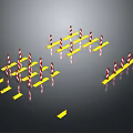 Red And White Striped Traffic Barriers With Yellow Bases Arranged In Different Shapes