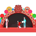 Traditional Chinese Opera Stage with Performers Red Arch and Colorful Facial Decorations