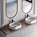 Modern Bathroom Vanity With Double Round Sinks Illuminated Oval Mirrors And Striped Cabinet