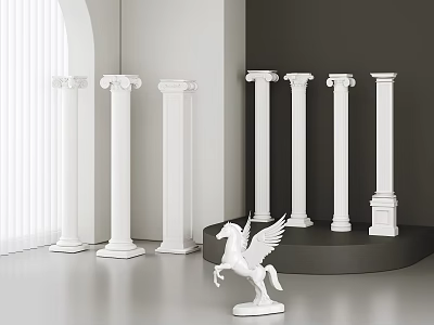 White Classical Columns on Display Platform in Modern Interior with Winged Horse Statue 3d model