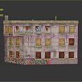 Weathered Old Building Model With Graffiti Covered Walls And Stained Windows