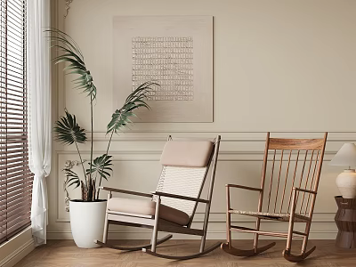 Stylish Wooden Rocking Chairs in Cozy Living Room with Potted Plant and Wall Art 3d model