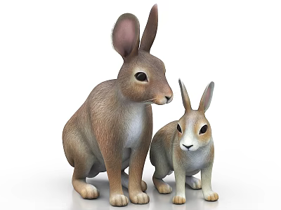 Two Cute Rabbits Adult And Baby With Soft Brown Fur On White Background 3d model