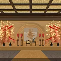 Traditional Chinese Interior Featuring Red Lanterns Bamboo Decorations Wooden Beams And Circular Longevity Character