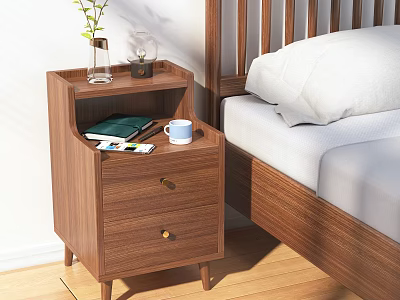 Modern Wooden Bedside Table with Plant Vase Blue Mug Green Book and Cards 3d model