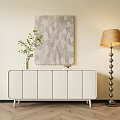 White Entryway Console Cabinet With Floor Lamp Decorative Painting And Potted Plants
