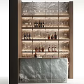 Elegant Modern Wine Cabinet With Wooden Shelves Stone Counter Illuminated Wine Bottles And Glasses