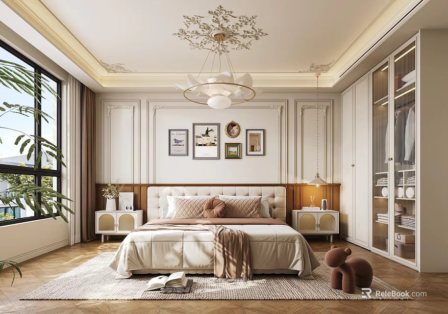 Elegant Bedroom Interior Design With Comfortable Bed Chandelier Nightstands Soft Rug And Decorative Paintings 3d model 