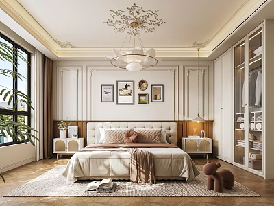 Elegant Bedroom Interior Design With Comfortable Bed Chandelier Nightstands Soft Rug And Decorative Paintings 3d model