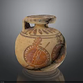 Ancient Painted Pottery Jar Sculpture with Circular Decorative Patterns and Handle Design