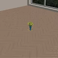 Herringbone Pattern Wooden Flooring Interior With Window Green View And Vase Yellow Flowers