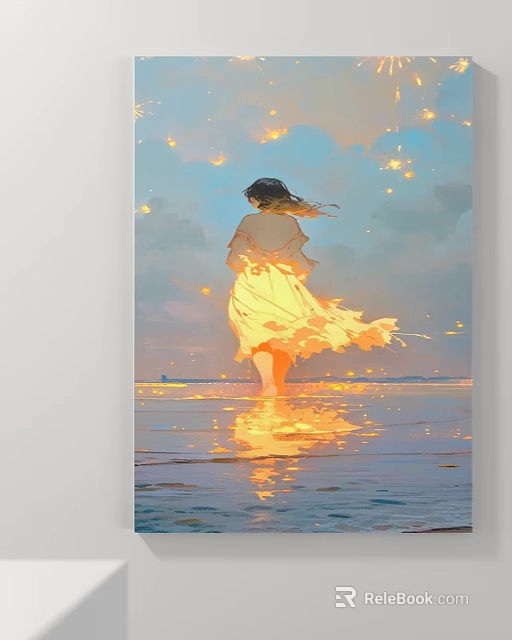 Figure Painting of Woman in Flowing Dress with Golden Sunset Sparkling Lights and Water Reflection 3d model 