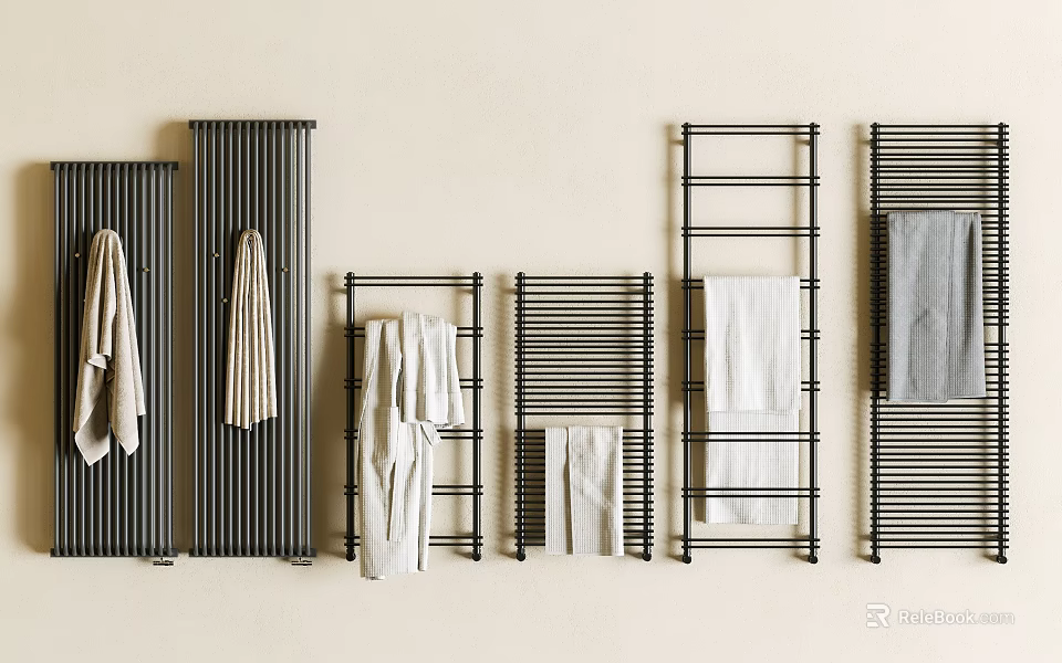 Modern Bathroom Towel Racks With White And Gray Towels On Wall 3d model 