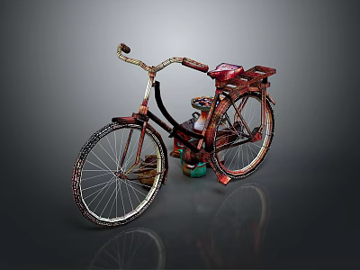 Vintage Bicycle With Red Seat Decorative Frame Spoked Wheels And Metal Accessories 3d model