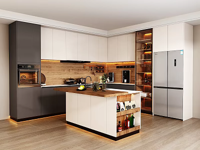 Modern Kitchen Interior With Island Wooden Countertop Light Dark Cabinets And Appliances 3d model