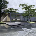 Modern Garden Landscape With Architectural Structure Pool Trees And Water Reflections 3d model
