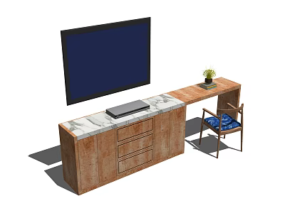 Modern Wooden TV Stand With Marble Top TV Drawers Chair And Potted Plant 3d model