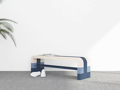 Modern Blue And White Bench With White Shoes Green Plant On Gray Carpet 3d model