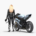 Light Blue Motorcycle With Blonde Woman Holding White Helmet In Black Form Fitting Suit