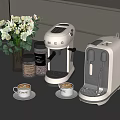 Stylish Kitchen Appliances Featuring Coffee Machines With Cups Beans And Flower Vase On Countertop